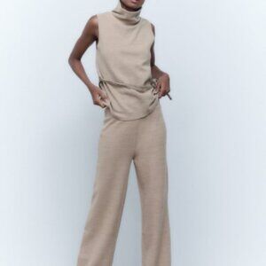 Zara Lounge Set Pants and Drawstring Top- Beige- Small